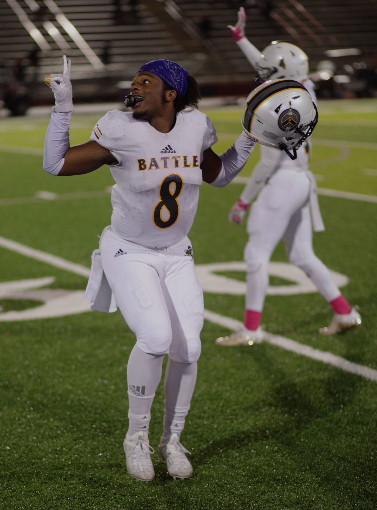 Senior Kendrick Harris celebrates Battle’s victory against Jefferson City
